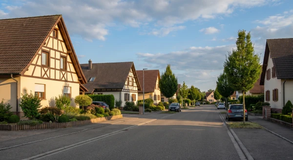 Une photographie réaliste et professionnelle montrant une vue caractéristique de Souffelweyersheim, telle qu'une rue résidentielle avec des maisons individuelles typiques de la région alsacienne, de préférence en fin d'après-midi ou en bon éclairage naturel, sans texte, logo ou filigrane visible.