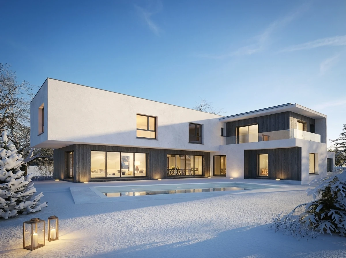 Main d'architecte tenant un crayon dessine les plans techniques d'une maison moderne contemporaine
