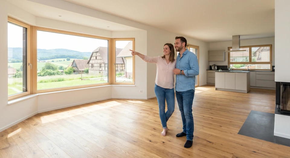 Personne en chemise blanche travaillant sur plans d'architecture avec maquette de maison à toit bleu sur bureau