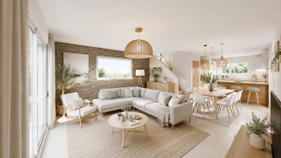 Terrasse extérieure résidentielle avec pergola bioclimatique blanche équipée d'éclairage LED intégré