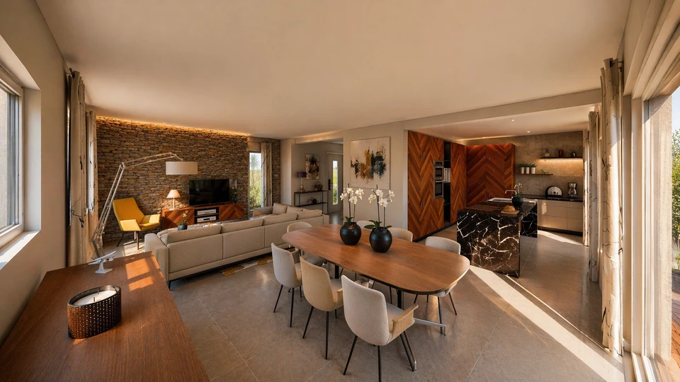 Scène extérieure résidentielle avec portail d'entrée automatique blanc en PVC ou aluminium, piliers en pierre naturelle beige, clôture assortie avec barreaudage vertical