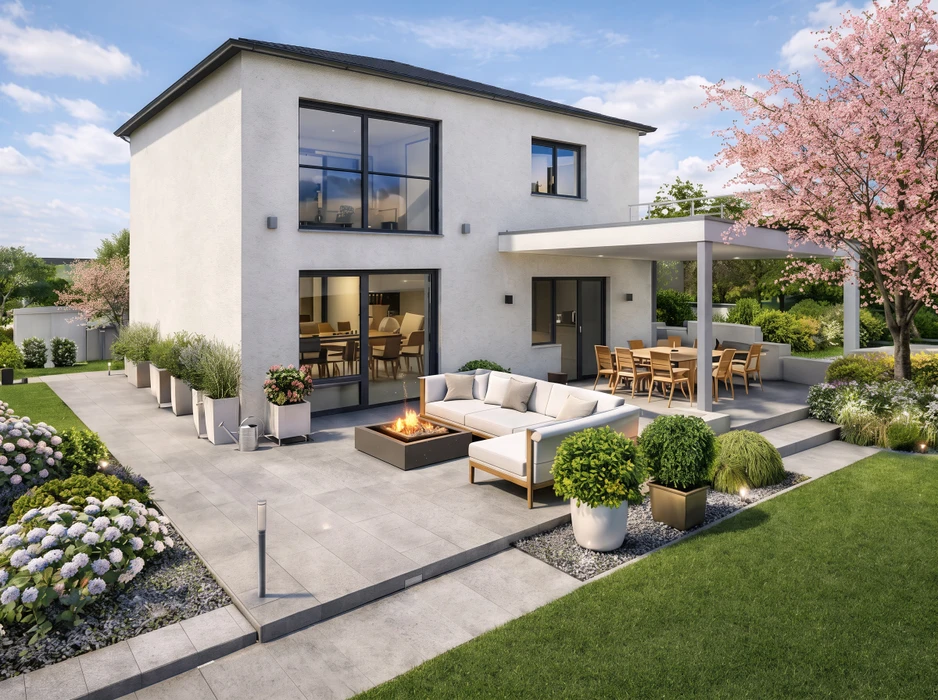 Terrasse extérieure résidentielle avec pergola bioclimatique blanche équipée d'éclairage LED intégré